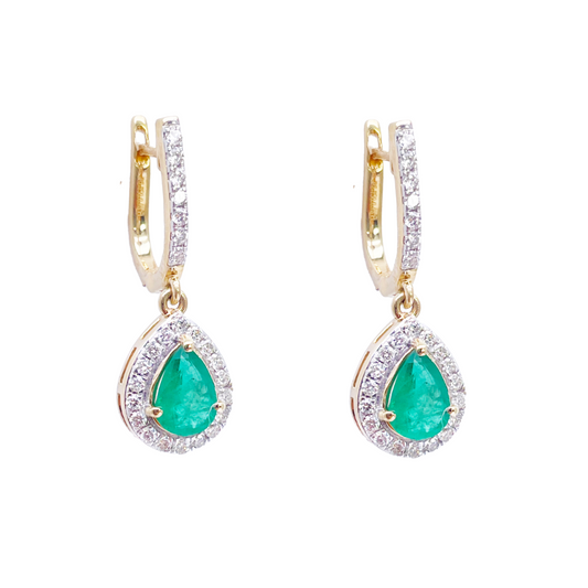 18ct Yellow Gold Natural Diamond & Zambian Emerald Huggie Hoop Earrings 1.48ct 