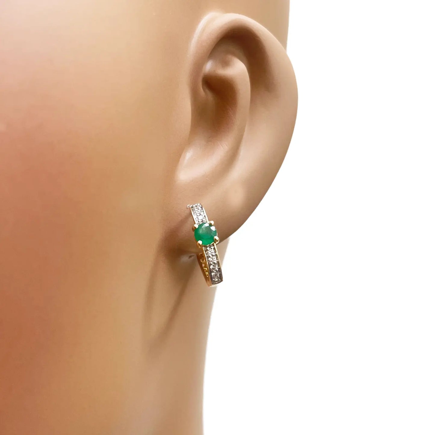 18ct Yellow Gold Natural Emerald Prong & Diamond Huggie Hoop Earrings 0.60ct 