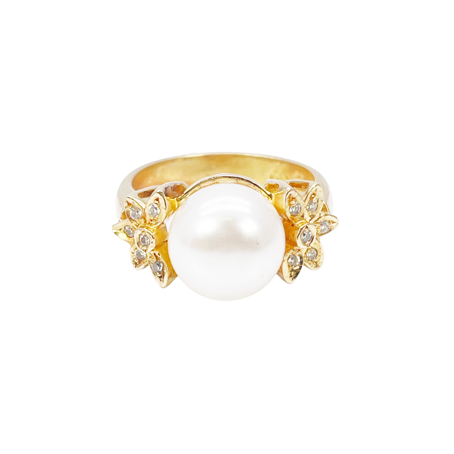 18ct Yellow Gold Pre-Owned Cubic Zirconia & Freshwater Pearl Elegant Vintage Floral Ring 