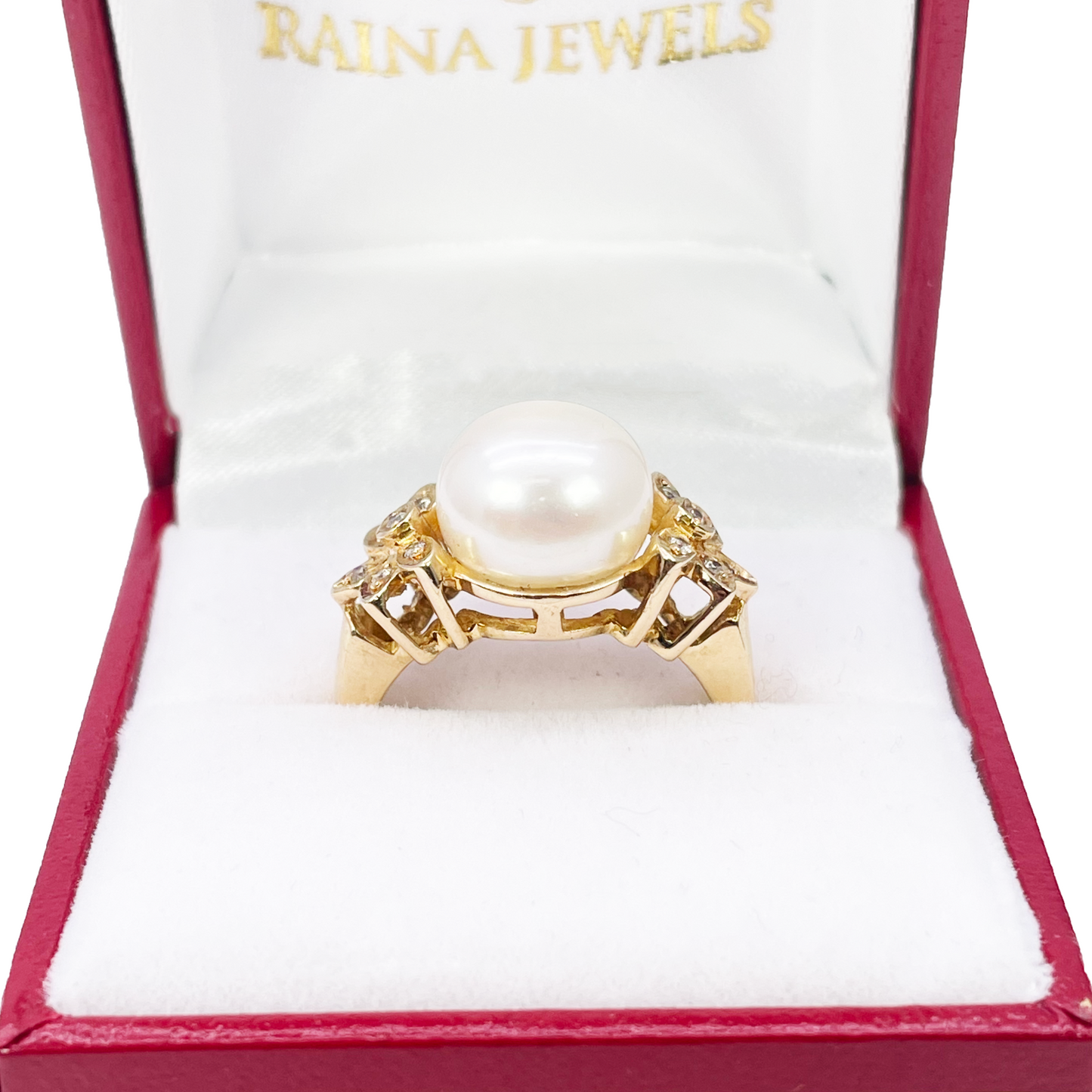 18ct Yellow Gold Pre-Owned Cubic Zirconia & Freshwater Pearl Elegant Vintage Floral Ring 