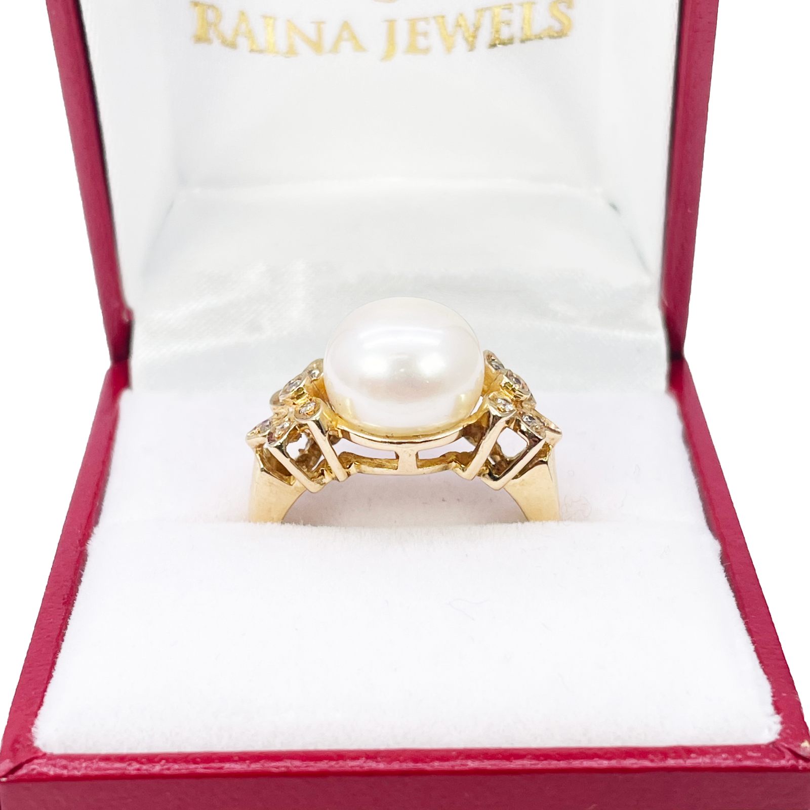 18ct Yellow Gold Pre-Owned Cubic Zirconia & Freshwater Pearl Elegant Vintage Floral Ring 