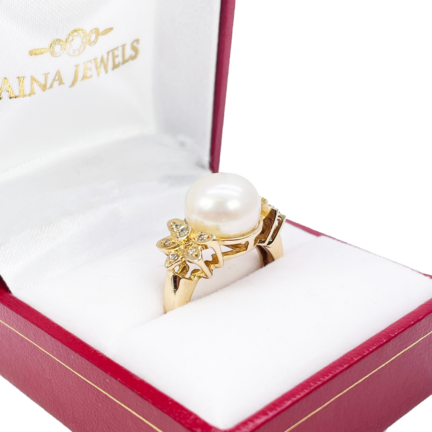 18ct Yellow Gold Pre-Owned Cubic Zirconia & Freshwater Pearl Elegant Vintage Floral Ring 