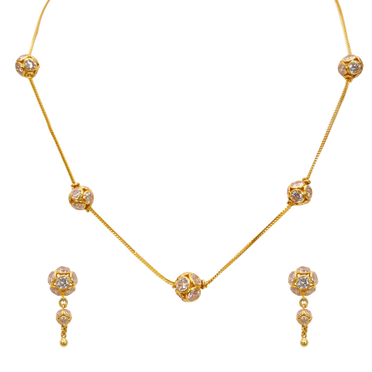 22ct Yellow Gold Cubic Zirconia Five Sparkly Beaded Necklace and Matching Beaded Drop Earrings