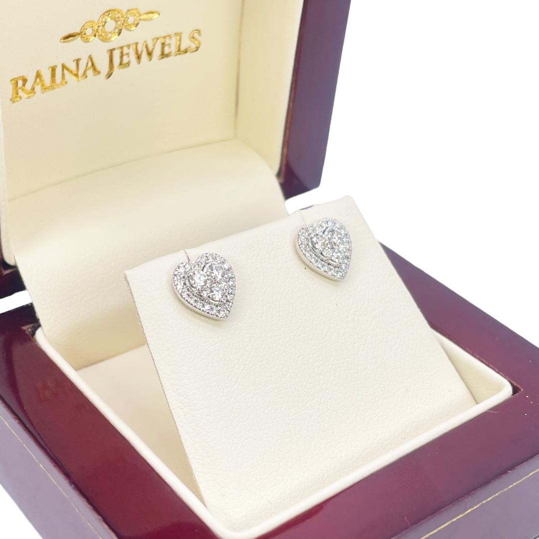 18ct White Gold Round Diamond Heart Cluster Stud Earrings 0.40ct