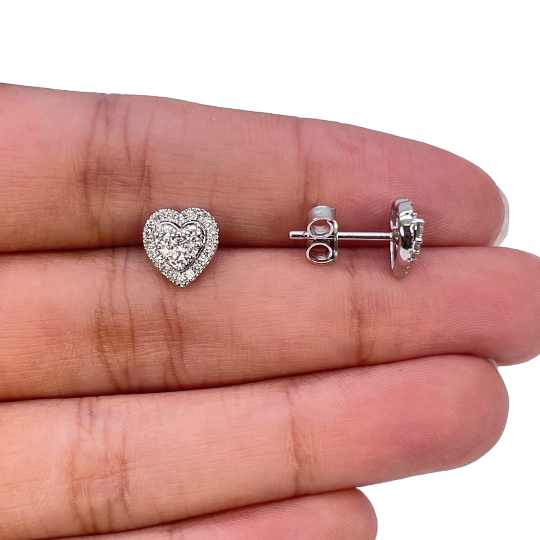 18ct White Gold Round Diamond Heart Cluster Stud Earrings 0.40ct