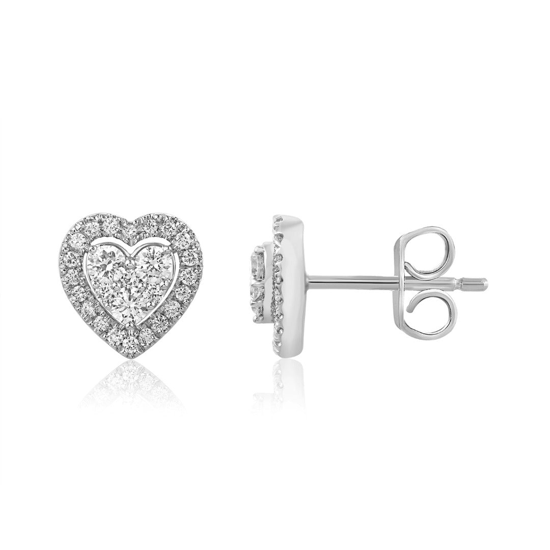 18ct White Gold Round Diamond Heart Cluster Stud Earrings 0.40ct