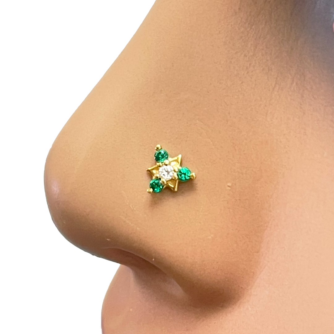 22ct Yellow Gold Green Cubic Zirconia Claw Set Nose Stud