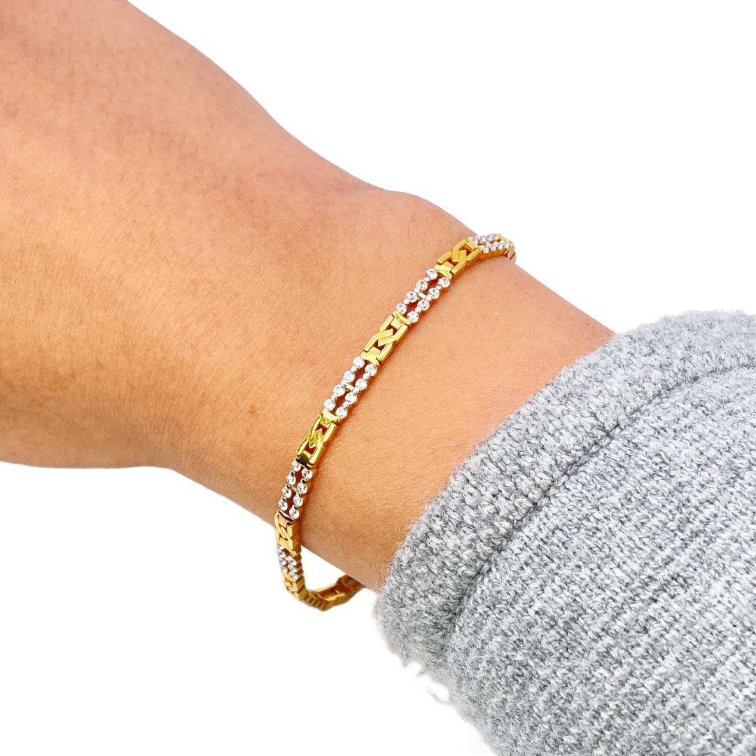 22ct Yellow Gold Beautiful Cubic Zirconia Two Row Link Bracelet 7 Inches 3.5mm Width