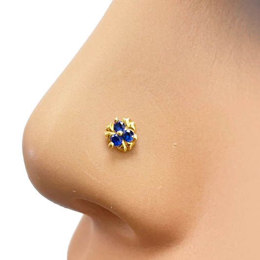 22ct Yellow Gold Blue Solitaire Cubic Zirconia Claw Set Nose Stud