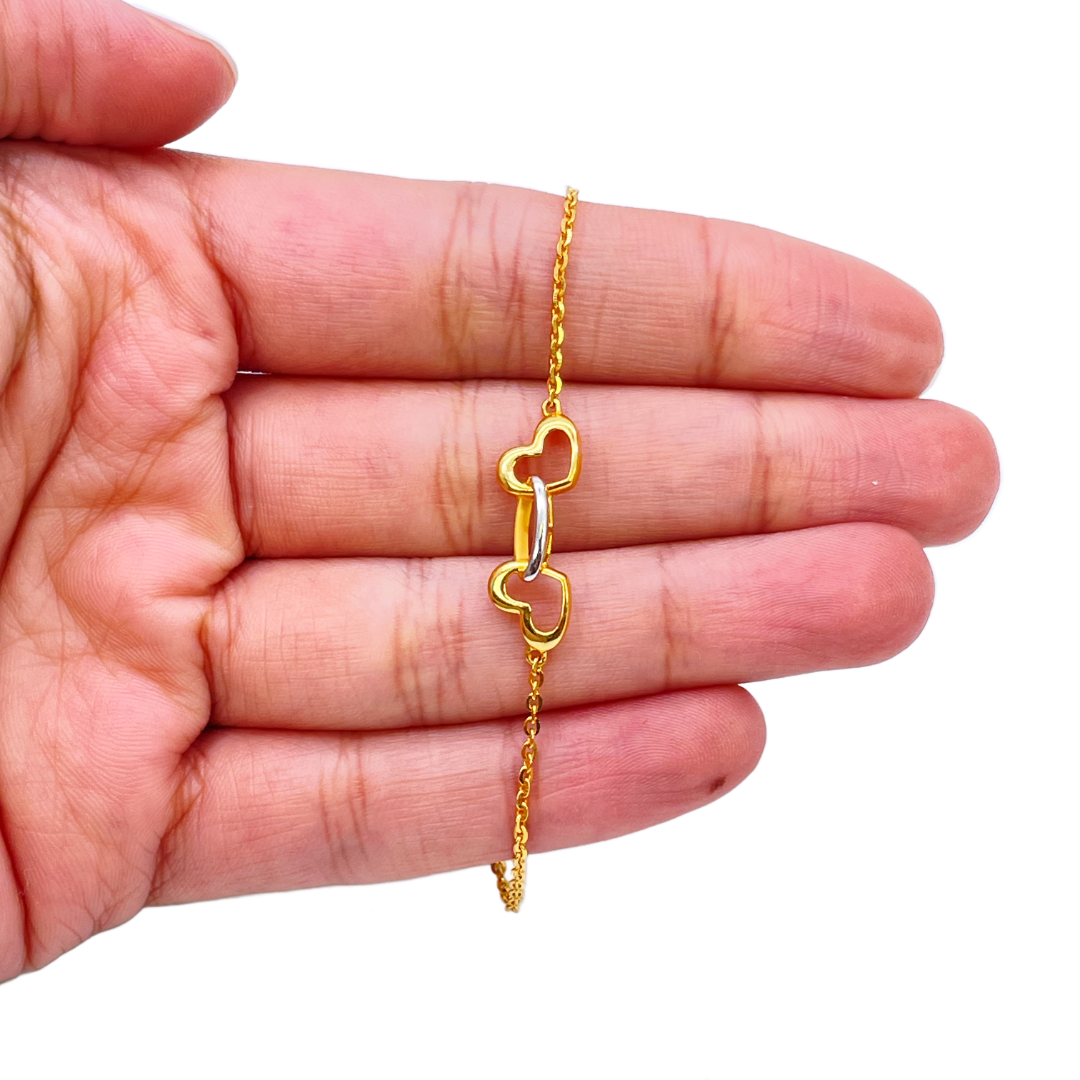 22ct Yellow Gold Beautiful Two-Tone Heart Chain Bracelet 7'' inches