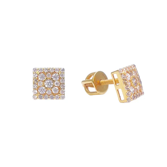 22K Yellow Gold Square Cubic Zirconia Cluster Stud Earrings 6.5mm Width 