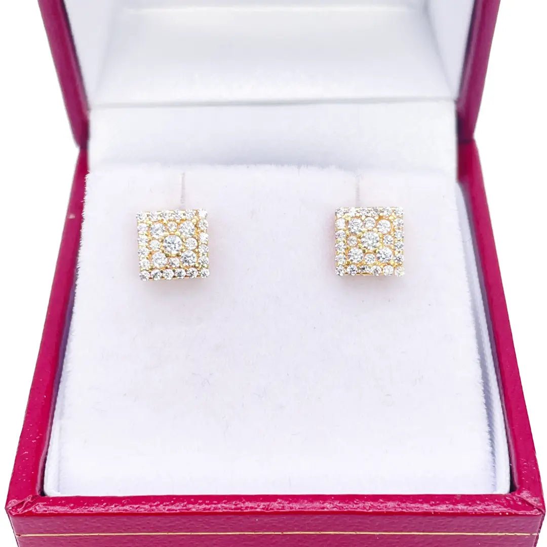 22K Yellow Gold Square Cubic Zirconia Cluster Stud Earrings 6.5mm Width 