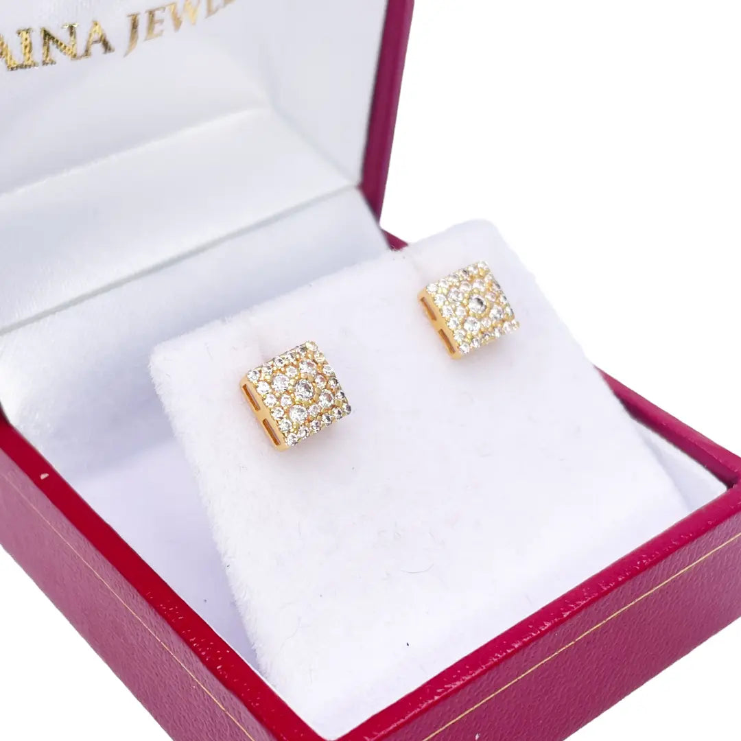 22K Yellow Gold Square Cubic Zirconia Cluster Stud Earrings 6.5mm Width 