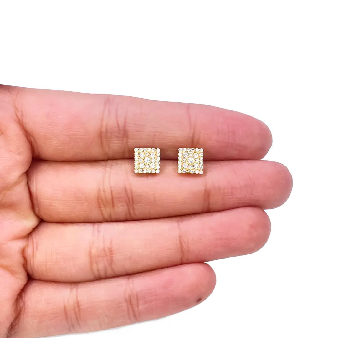 22K Yellow Gold Square Cubic Zirconia Cluster Stud Earrings 6.5mm Width 