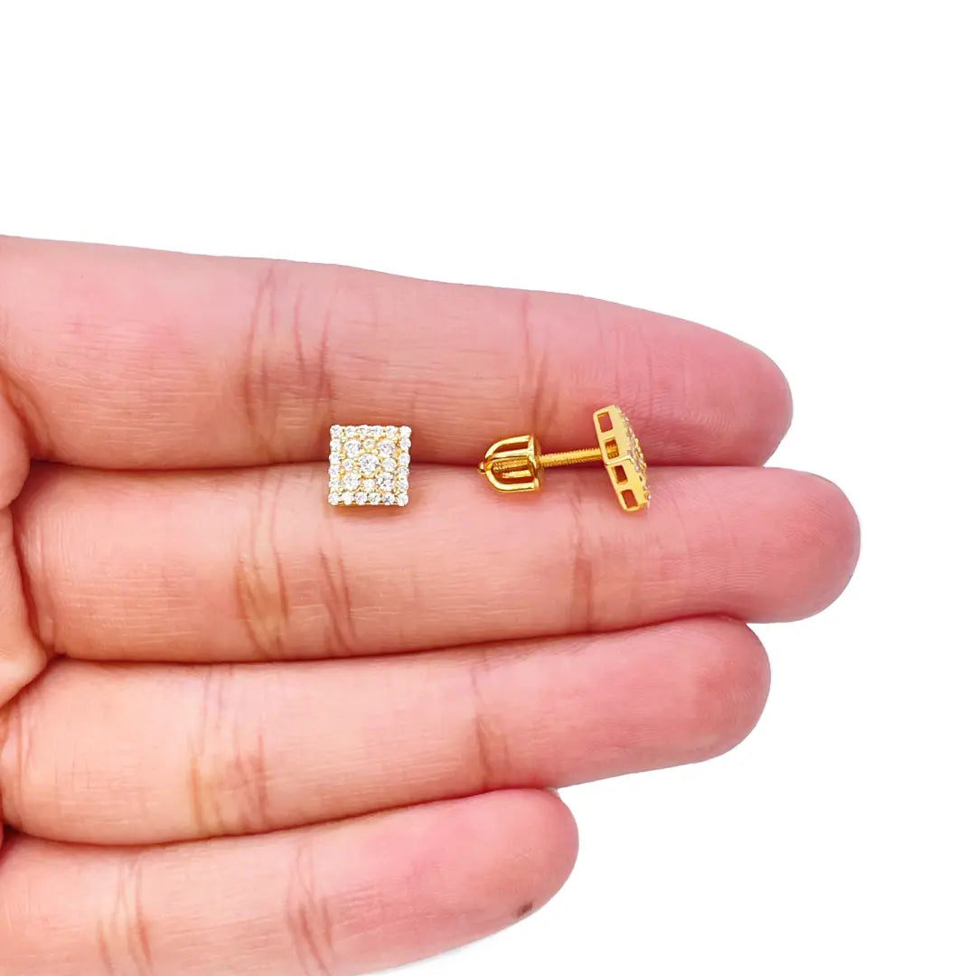 22K Yellow Gold Square Cubic Zirconia Cluster Stud Earrings 6.5mm Width 