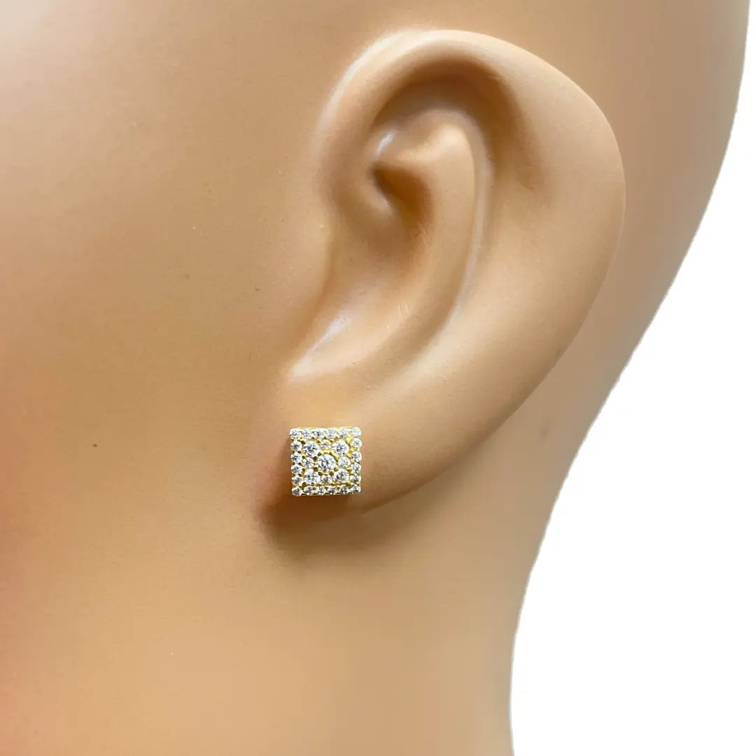 22K Yellow Gold Square Cubic Zirconia Cluster Stud Earrings 6.5mm Width 