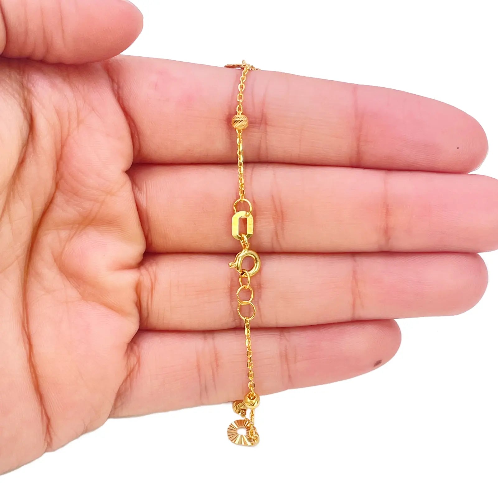 22ct Gold Circle Charm Drop & Diamond Cut Bead Cable Chain Bracelet 7 Inches  Gold Bracelets