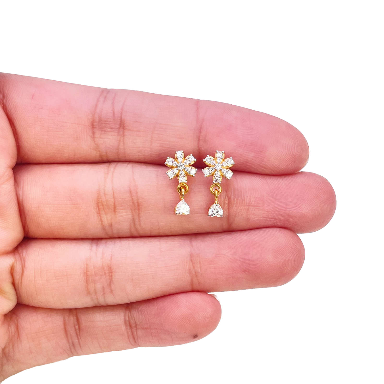 22ct Gold Cubic Zirconia Cluster Floral Stud Earrings Sparkle Design 13x6.5mm 