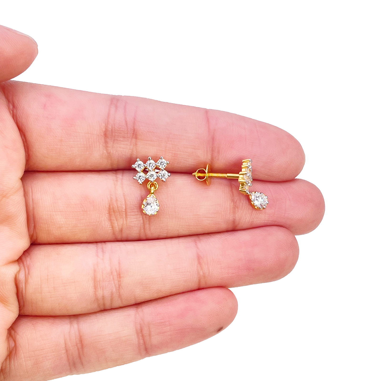 22ct Gold Cubic Zirconia Cluster Mini Teardrop Stud Earrings Sparkle Design 13x8mm 