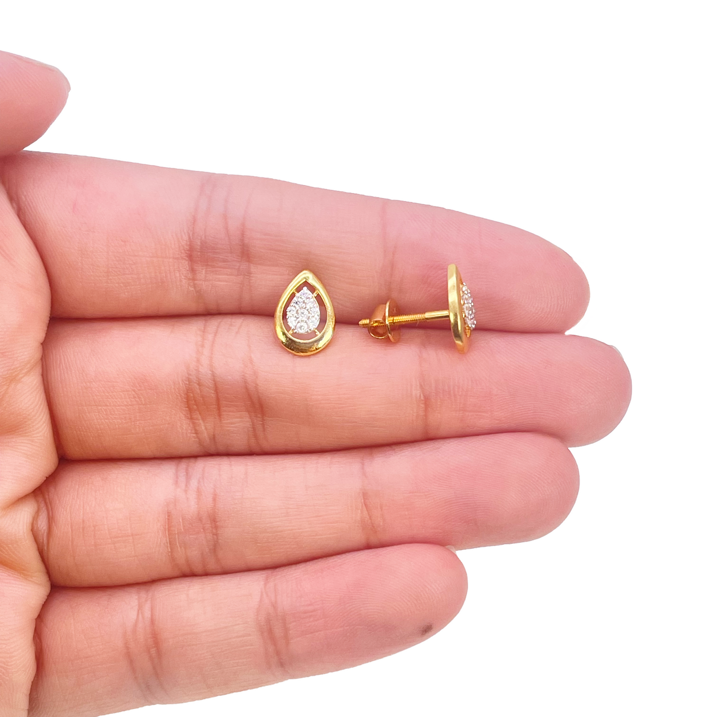 22ct Gold Cubic Zirconia Pear Stud High Polished Earrings Sparkle Design 10x7mm 