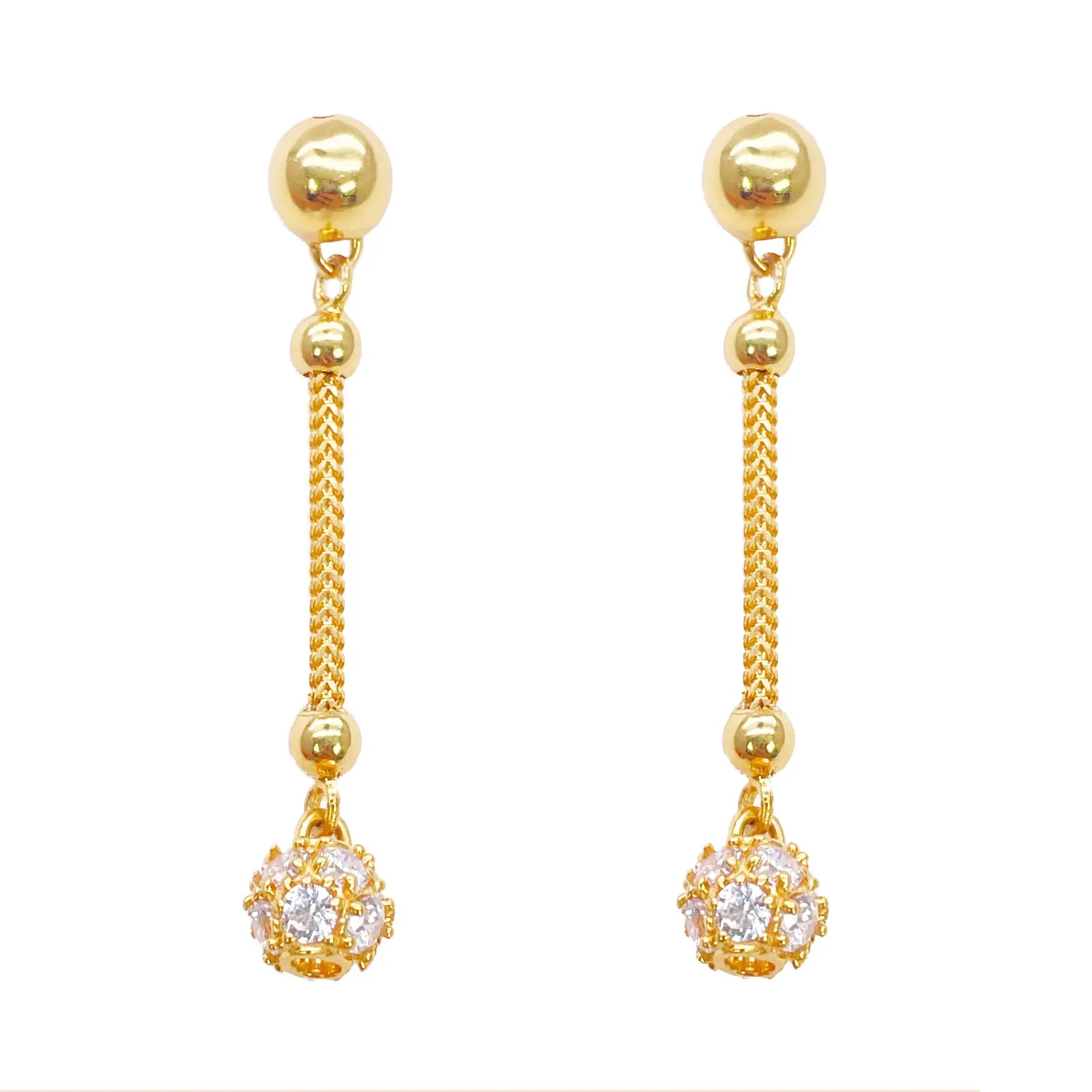 22ct Gold Drop Earrings Cubic Zirconia Glitter Ball Dragon Foxtail Chain Link 1.5 Inches 