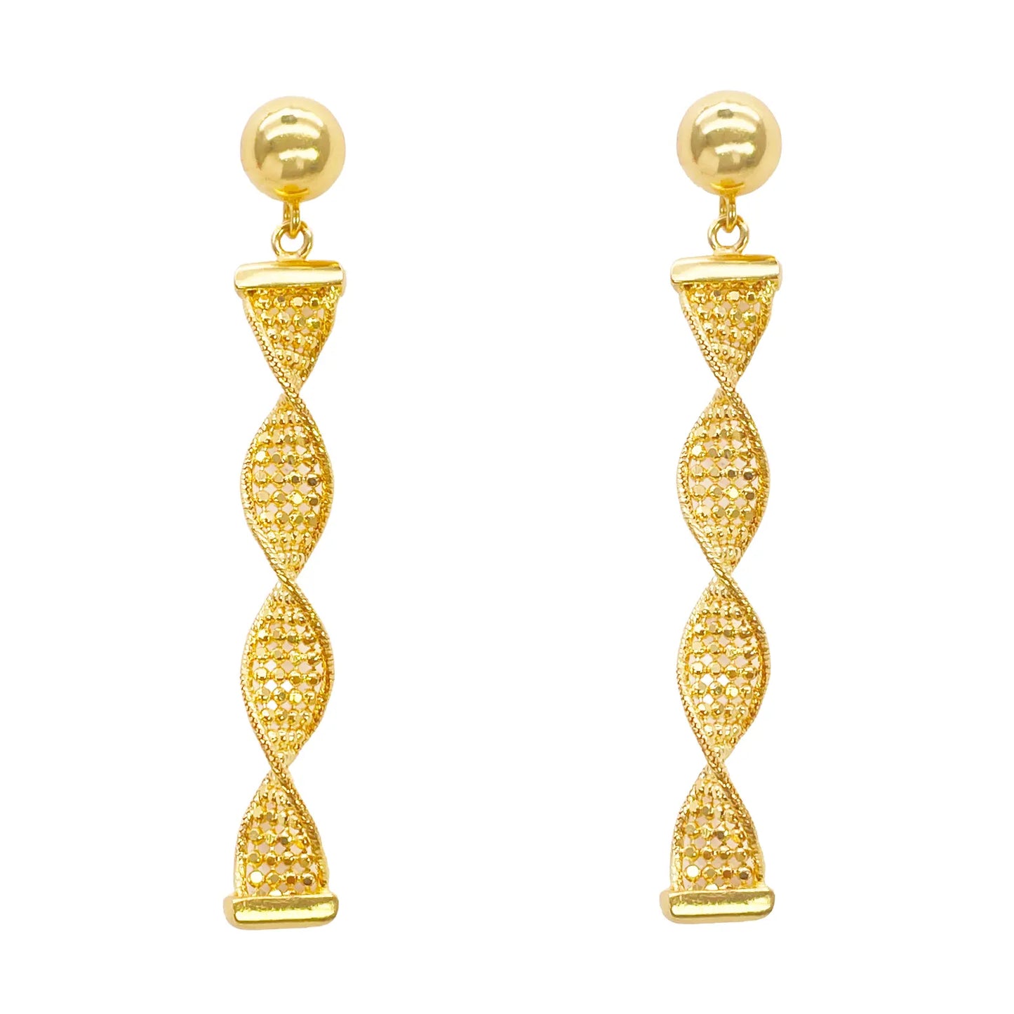 22ct Gold Drop Earrings Diamond Cut High Polished Twisted Studs 45x5.3mm 