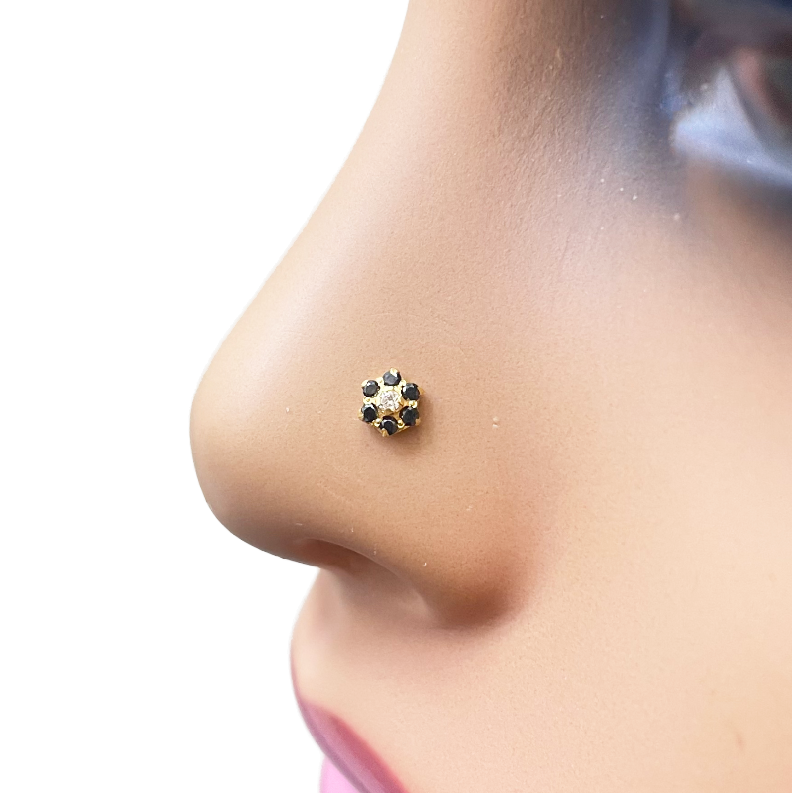 22ct Gold Floral Cubic Zirconia Black Stone Nose Pin/Stud 4mm Width 