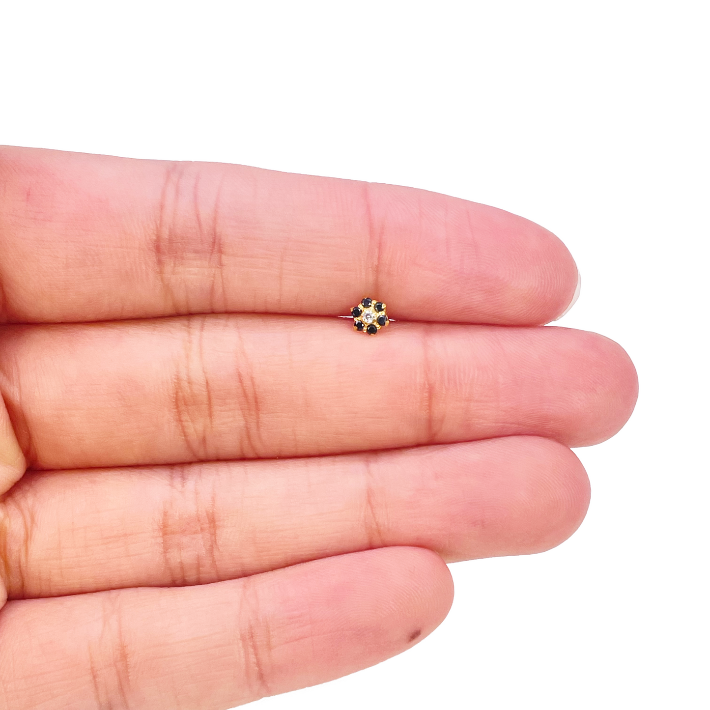 22ct Gold Floral Cubic Zirconia Black Stone Nose Pin/Stud 4mm Width 