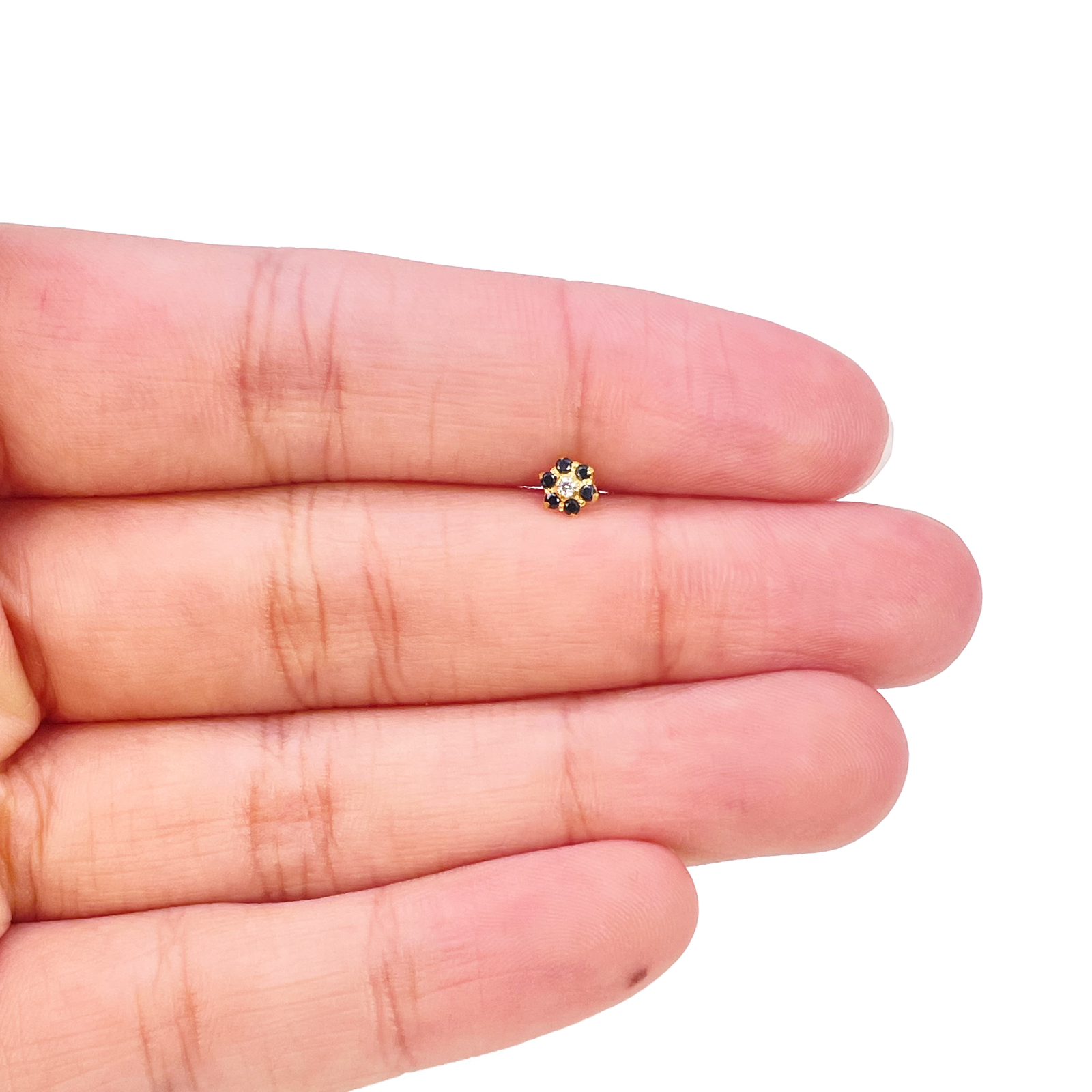 22ct Gold Floral Cubic Zirconia Black Stone Nose Pin/Stud 4mm Width 