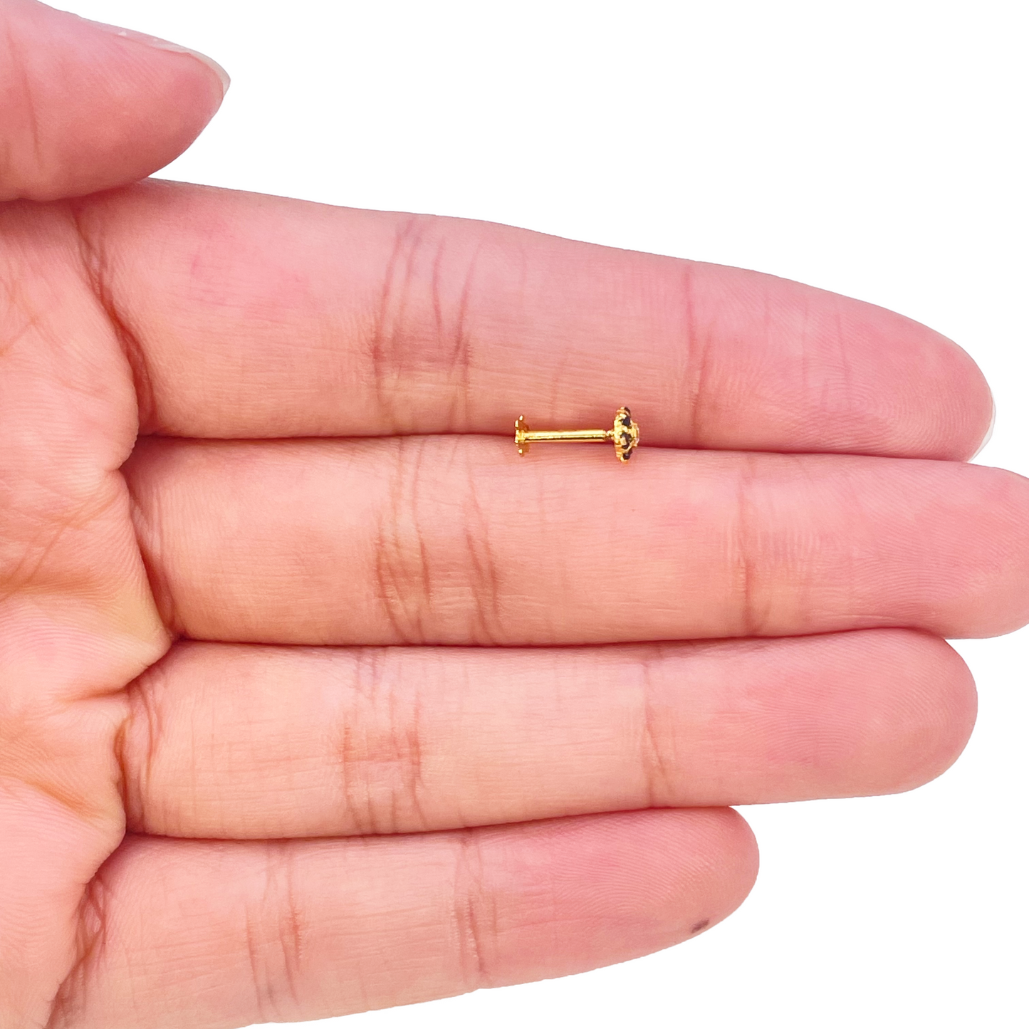 22ct Gold Floral Cubic Zirconia Black Stone Nose Pin/Stud 4mm Width 