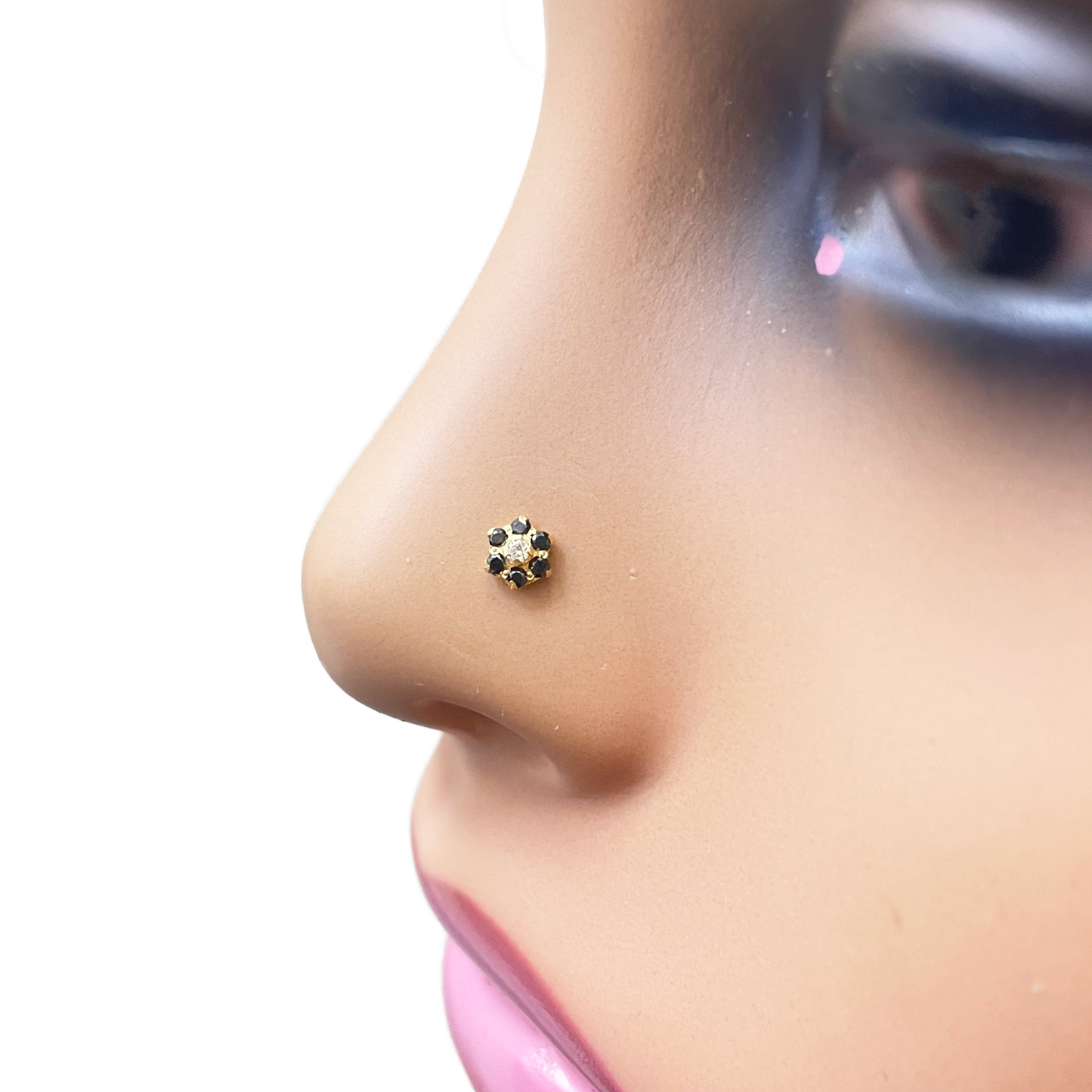 22ct Gold Floral Cubic Zirconia Black Stone Nose Pin/Stud 4mm Width 