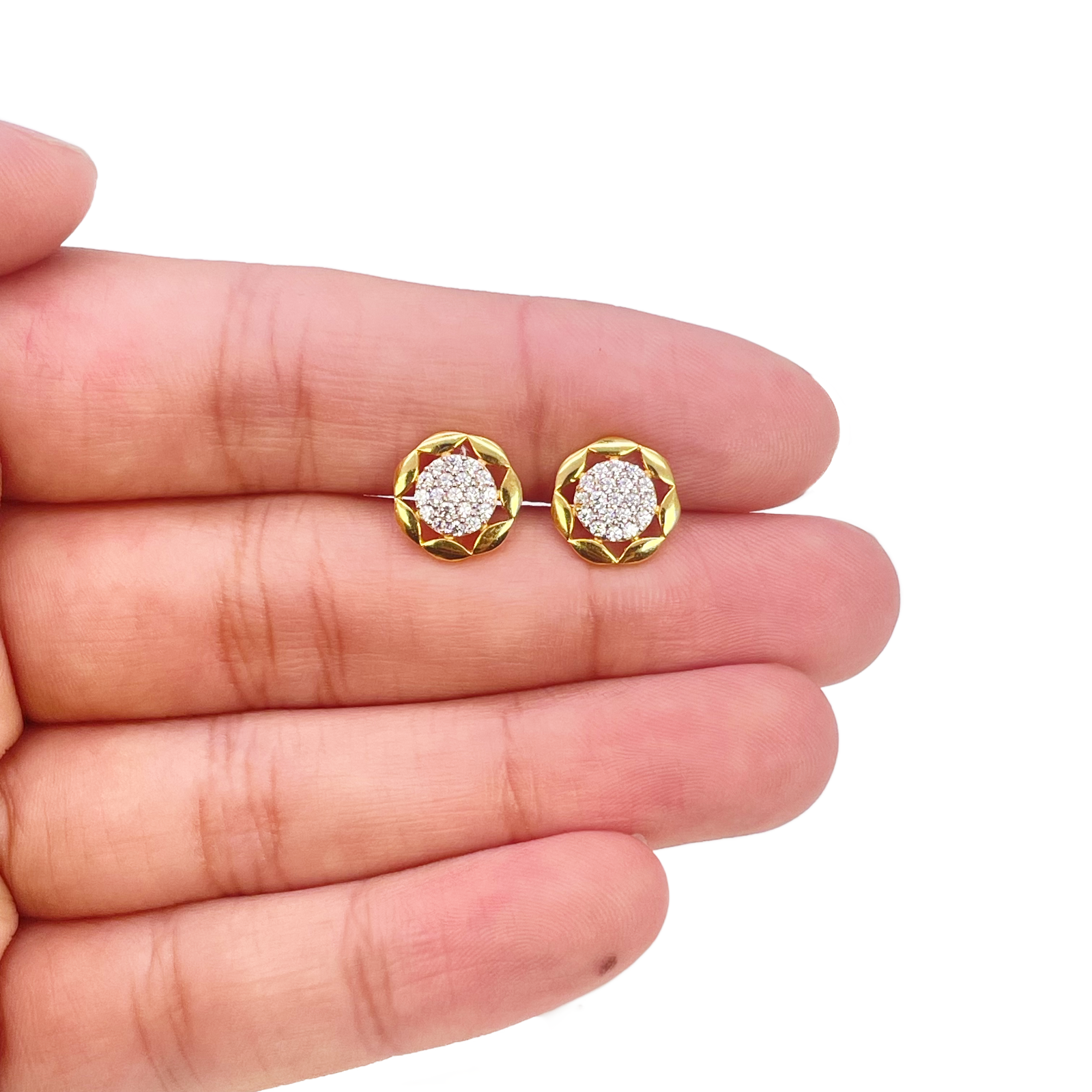 22ct Gold Floral Cubic Zirconia Cluster Stud Earrings High Polished - 9.5mm Width 
