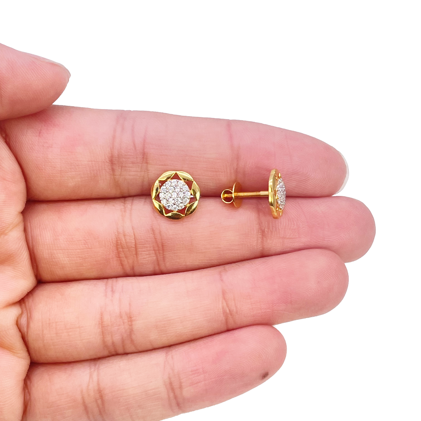 22ct Gold Floral Cubic Zirconia Cluster Stud Earrings High Polished - 9.5mm Width 