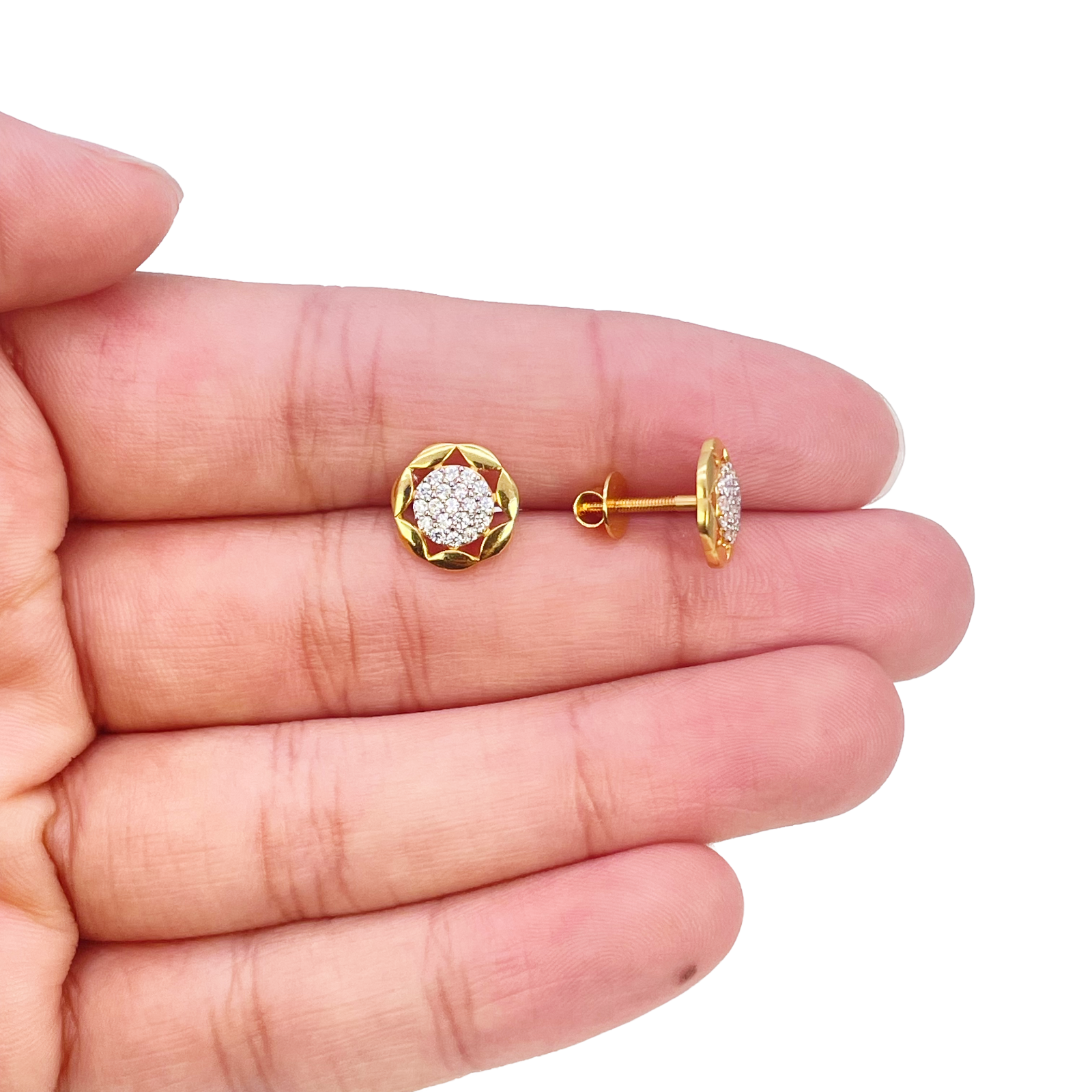 22ct Gold Floral Cubic Zirconia Cluster Stud Earrings High Polished - 9.5mm Width 