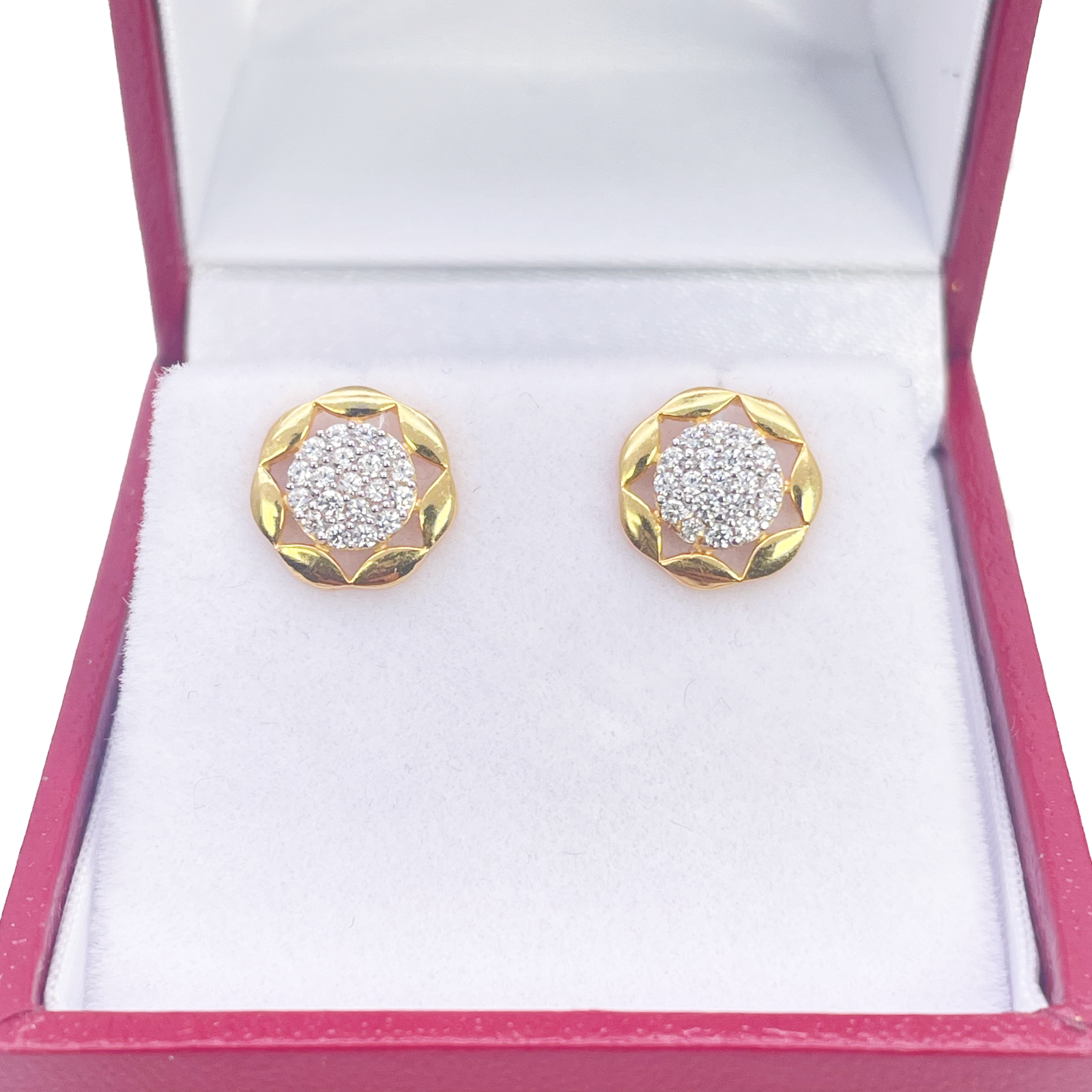 22ct Gold Floral Cubic Zirconia Cluster Stud Earrings High Polished - 9.5mm Width 