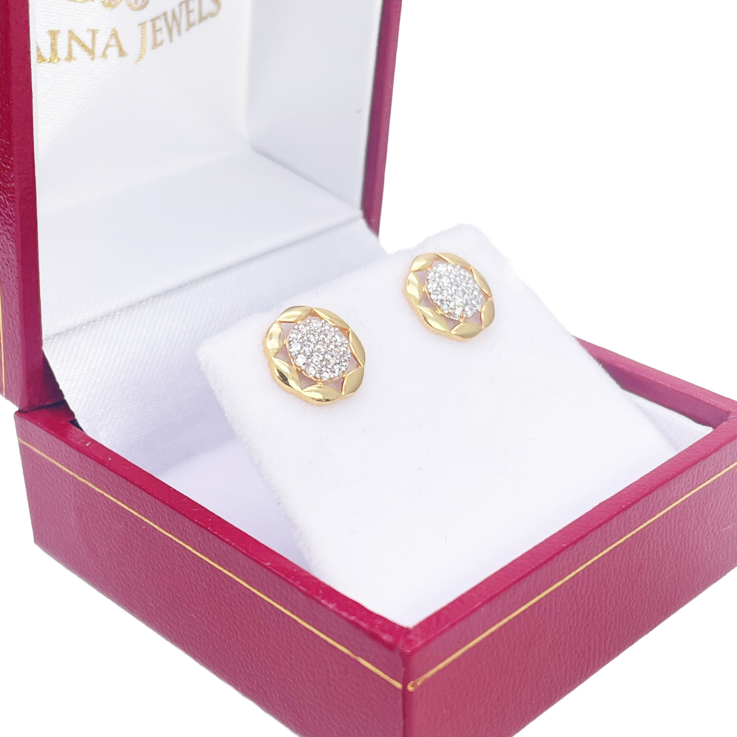 22ct Gold Floral Cubic Zirconia Cluster Stud Earrings High Polished - 9.5mm Width 