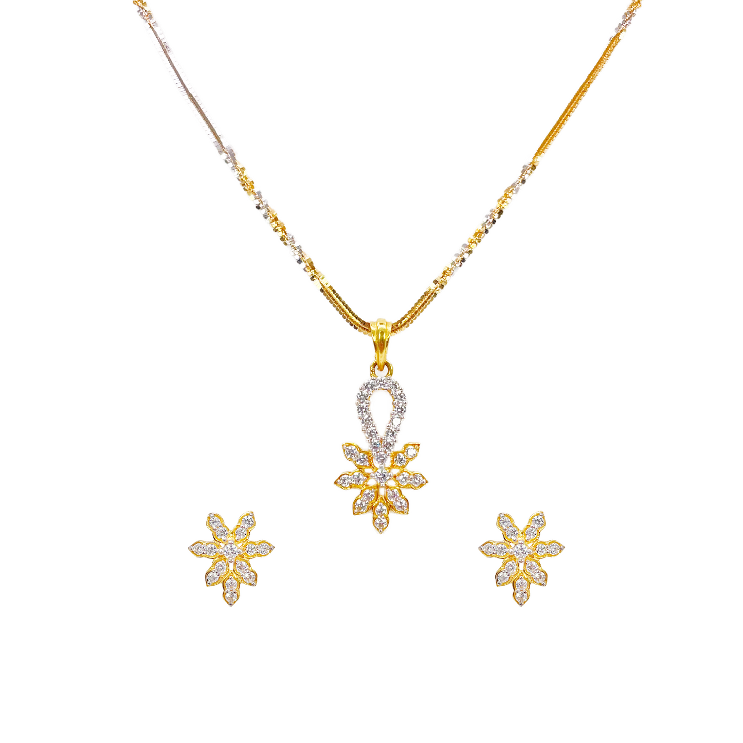 22ct Gold Floral Cubic Zirconia Necklace & Earring Set With Fancy Two-Tone Chain 