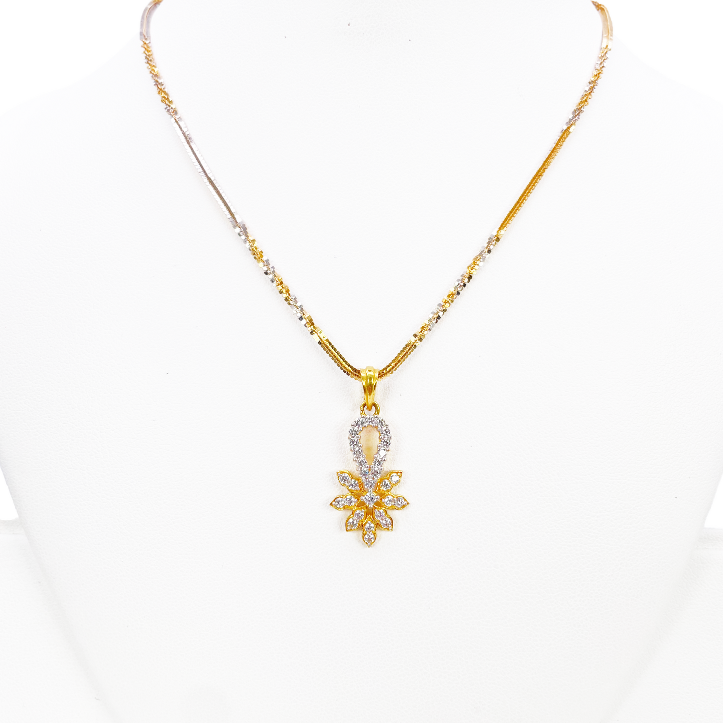 22ct Gold Floral Cubic Zirconia Necklace & Earring Set With Fancy Two-Tone Chain 