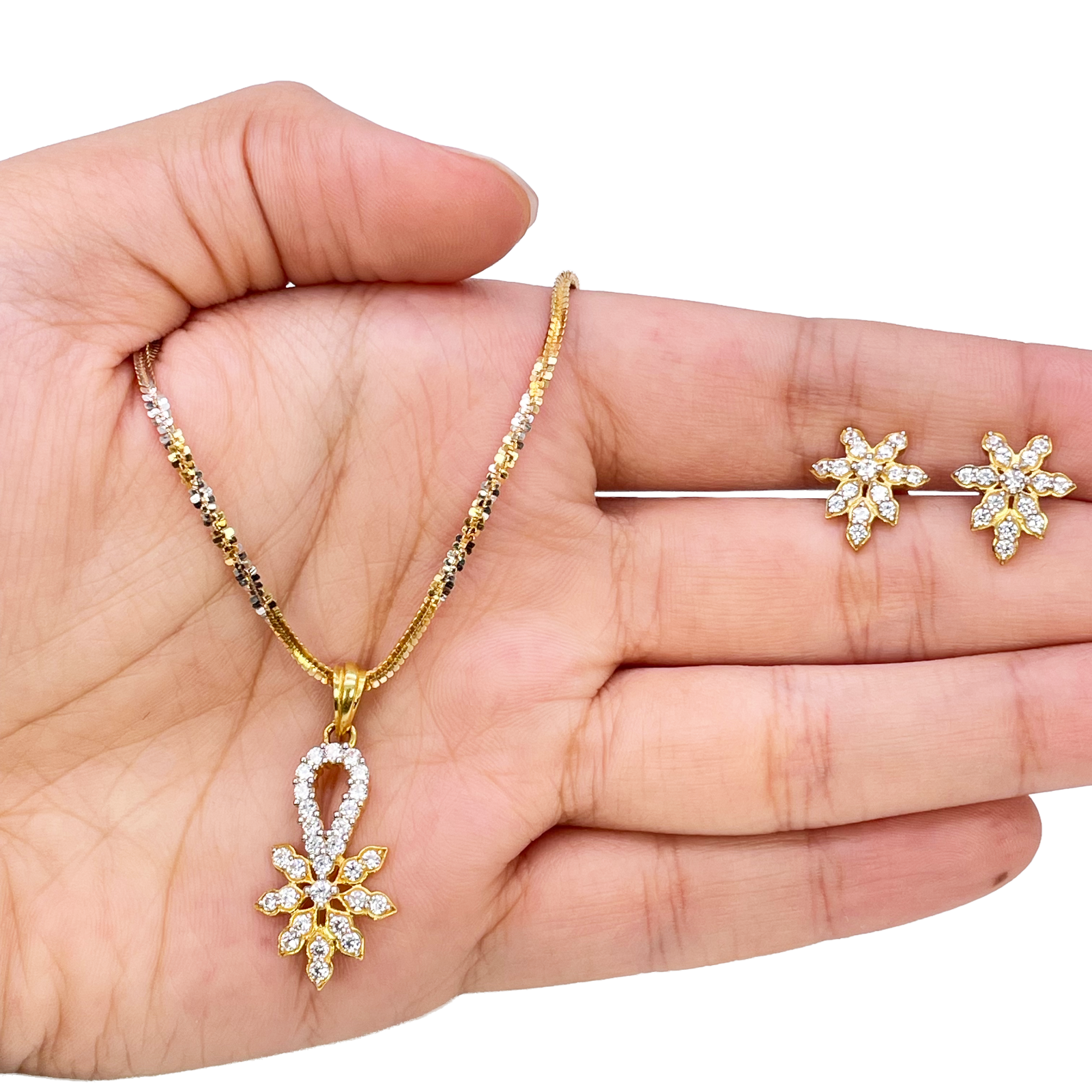 22ct Gold Floral Cubic Zirconia Necklace & Earring Set With Fancy Two-Tone Chain 