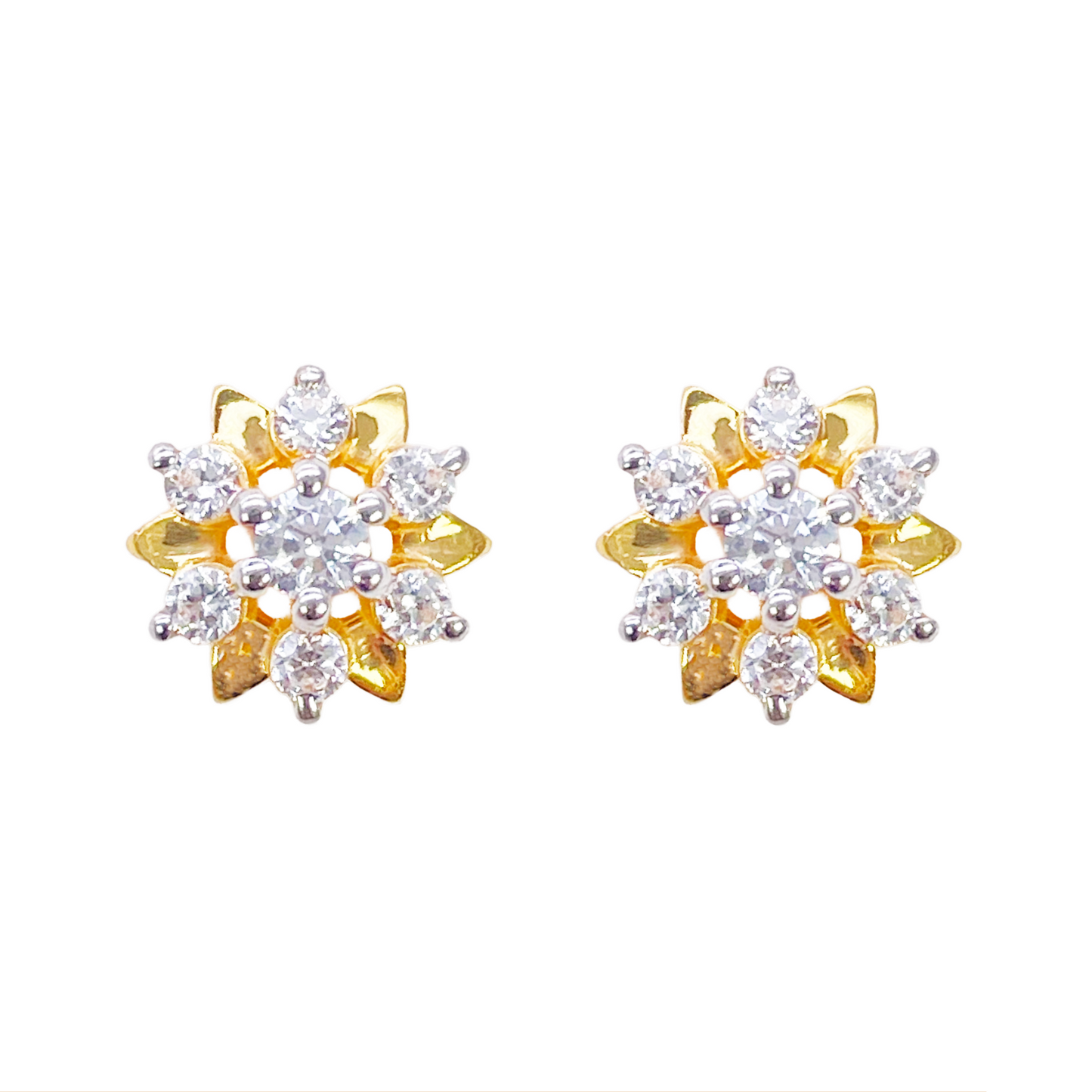 22ct Gold Floral Cubic Zirconia Stud High Polished Earrings Elegant Sparkle Design 9x9mm Width 