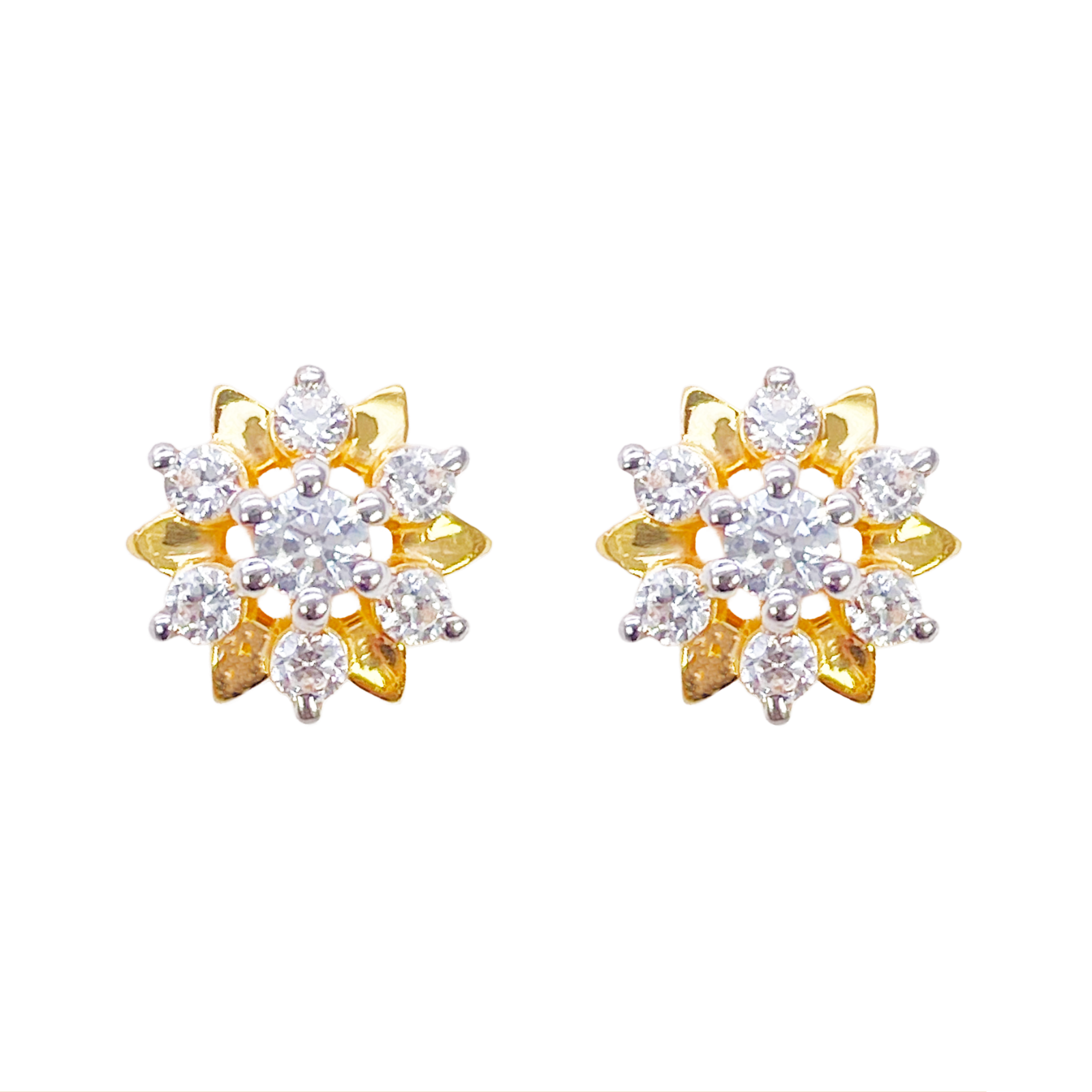 22ct Gold Floral Cubic Zirconia Stud High Polished Earrings Elegant Sparkle Design 9x9mm Width 