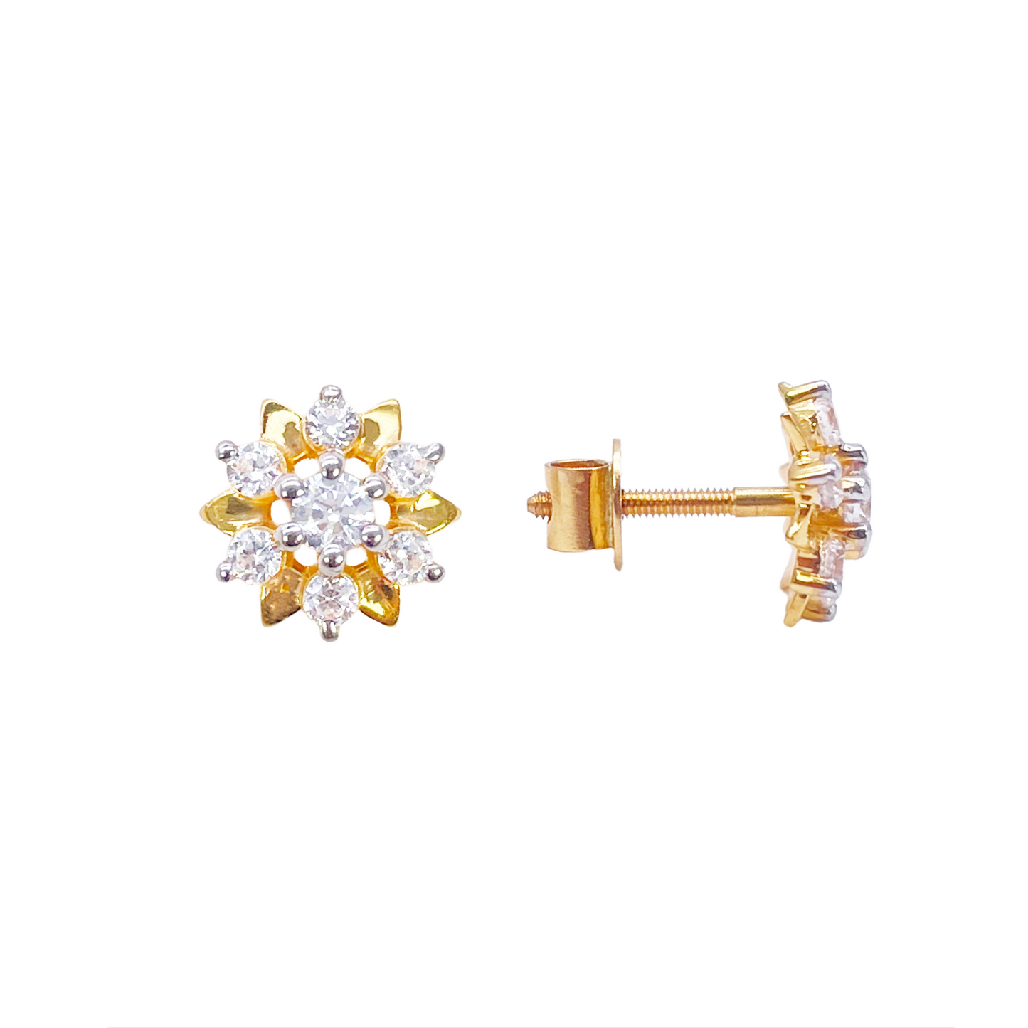 22ct Gold Floral Cubic Zirconia Stud High Polished Earrings Elegant Sparkle Design 9x9mm Width 