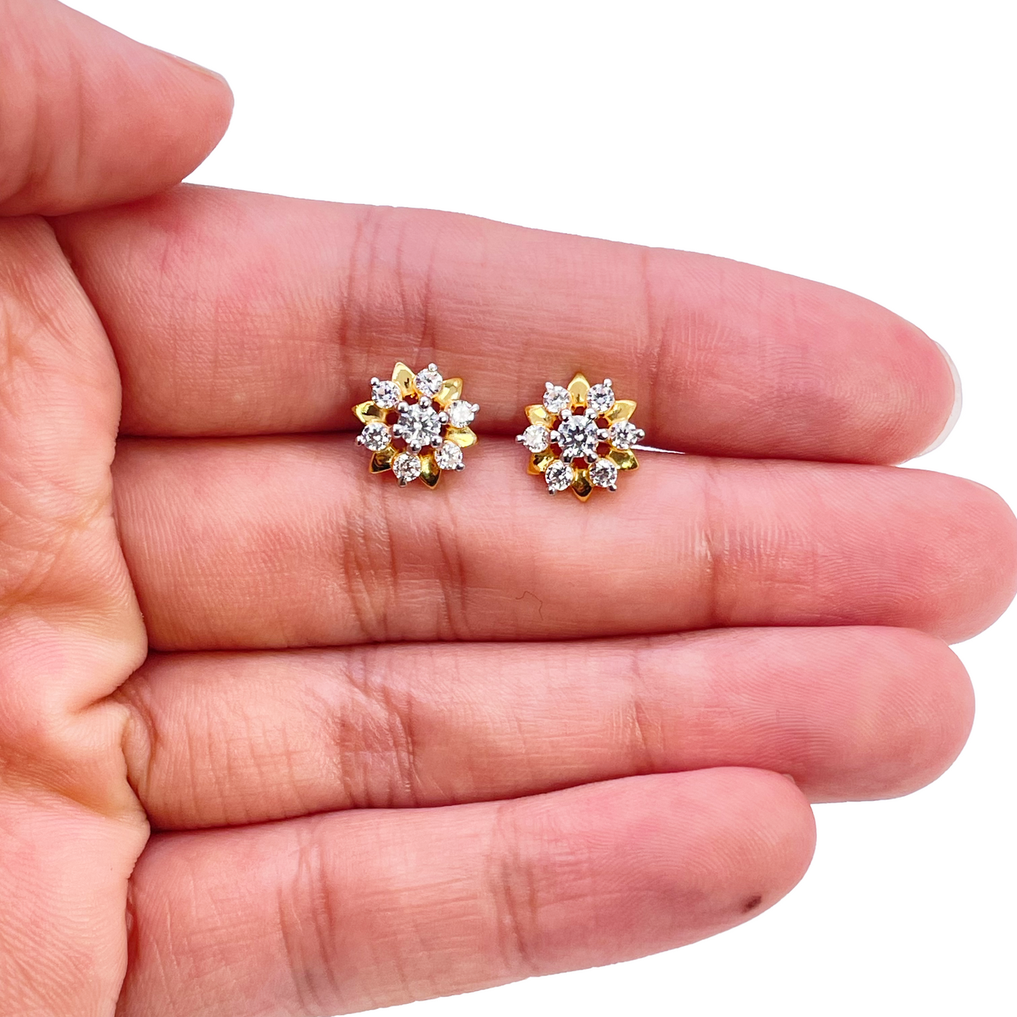 22ct Gold Floral Cubic Zirconia Stud High Polished Earrings Elegant Sparkle Design 9x9mm Width 