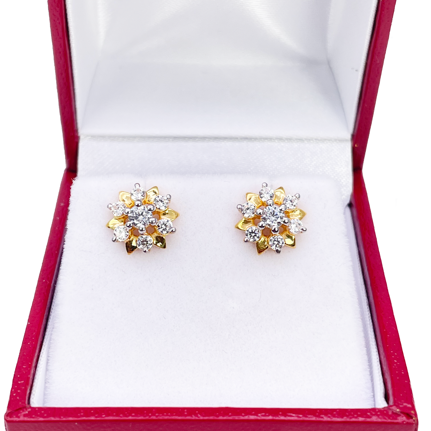 22ct Gold Floral Cubic Zirconia Stud High Polished Earrings Elegant Sparkle Design 9x9mm Width 
