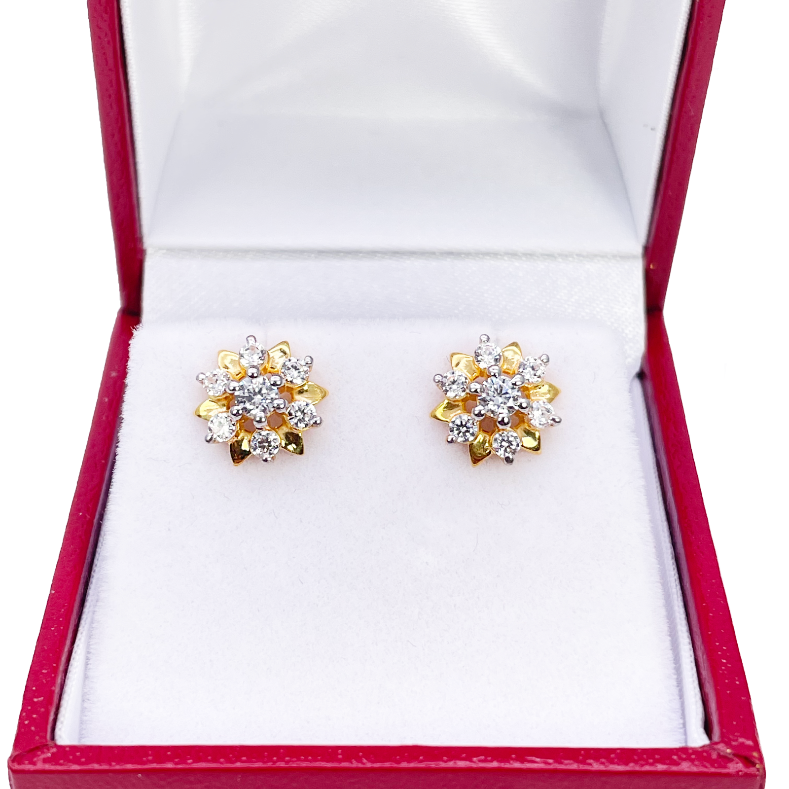 22ct Gold Floral Cubic Zirconia Stud High Polished Earrings Elegant Sparkle Design 9x9mm Width 