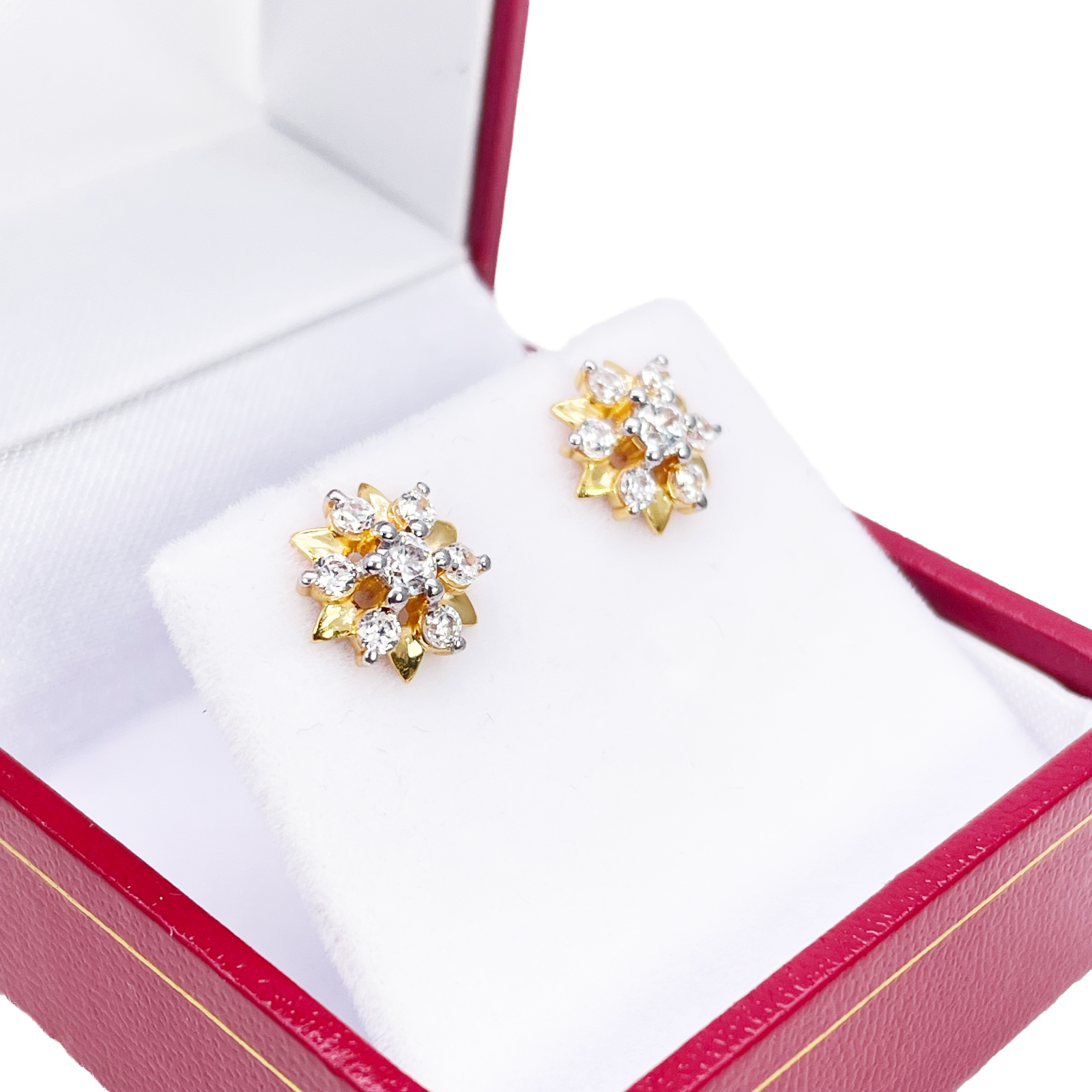 22ct Gold Floral Cubic Zirconia Stud High Polished Earrings Elegant Sparkle Design 9x9mm Width 