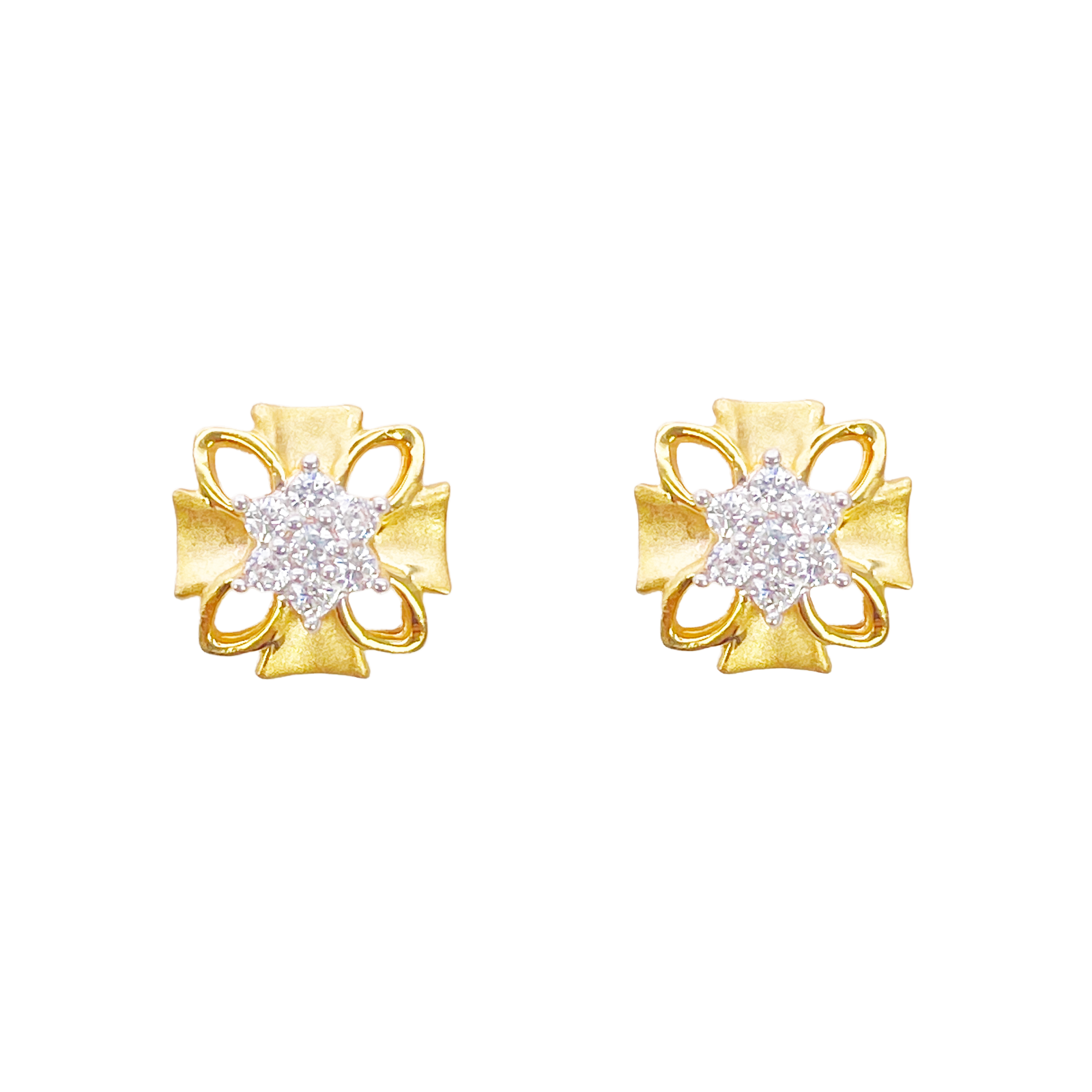 22ct Gold Floral Cubic Zirconia Stud High Polished Matt Earrings Sparkle Design 8.5x8.5mm 