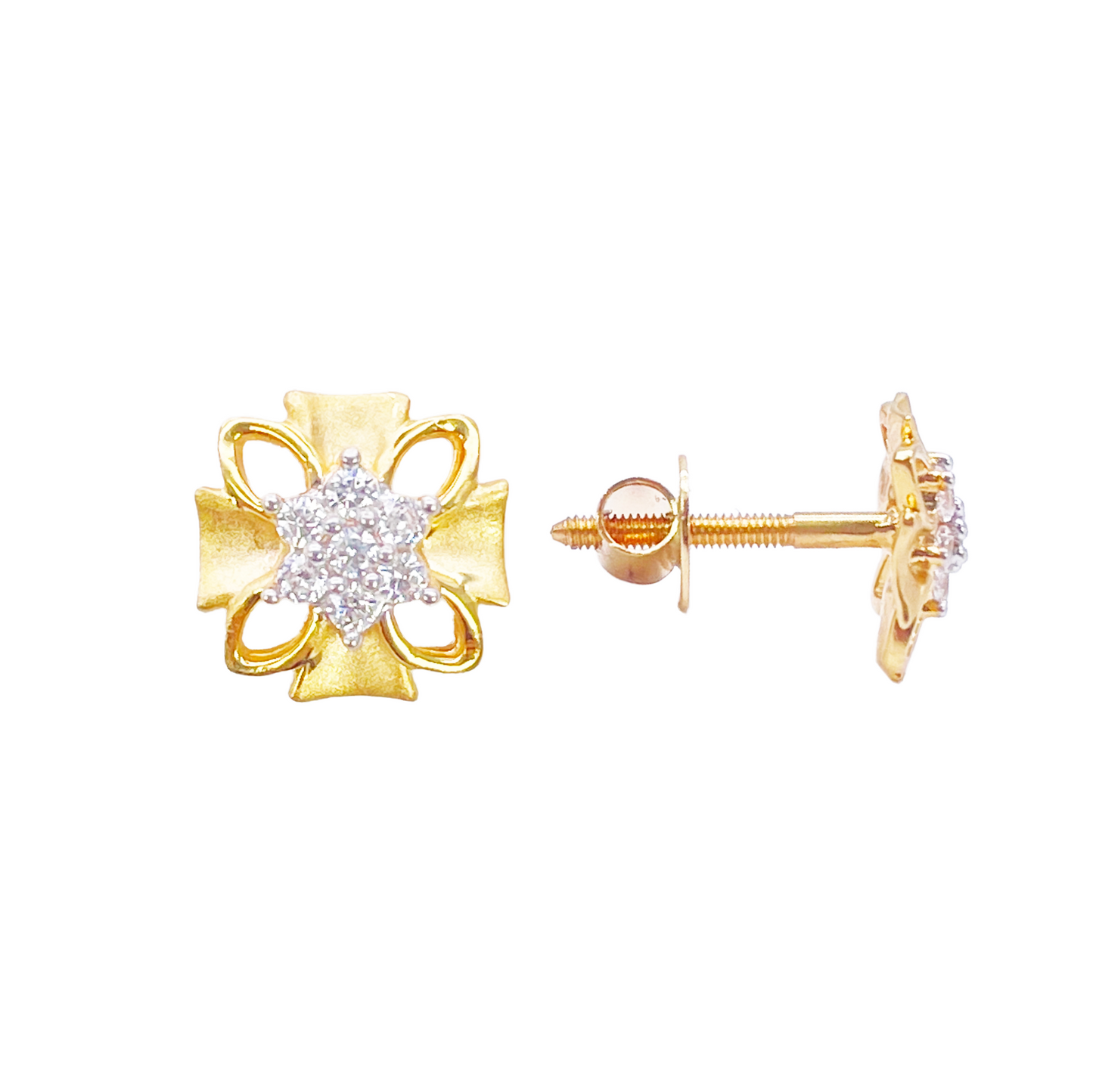 22ct Gold Floral Cubic Zirconia Stud High Polished Matt Earrings Sparkle Design 8.5x8.5mm 