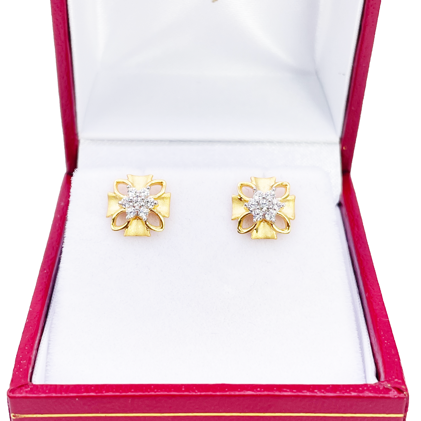 22ct Gold Floral Cubic Zirconia Stud High Polished Matt Earrings Sparkle Design 8.5x8.5mm 