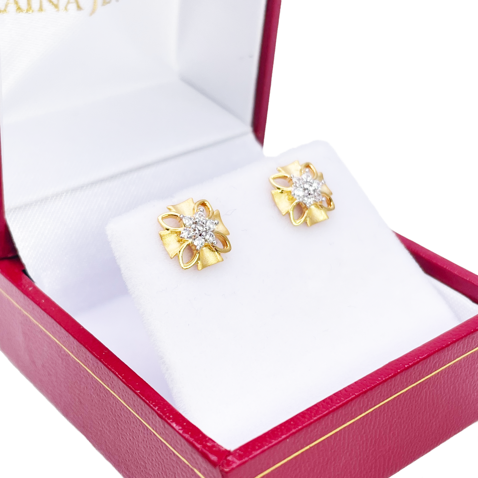 22ct Gold Floral Cubic Zirconia Stud High Polished Matt Earrings Sparkle Design 8.5x8.5mm 